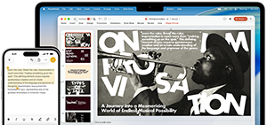 iPhone 16 Plus ที่มีข้อความไฮไลท์อยู่ในแอปโน้ต, Macbook Air ที่เปิดสไลด์ Keynote, ข้อความจากแอปโน้ตปรากฏบนสไลด์