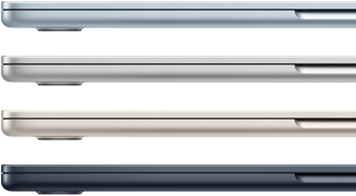 ภายนอกด้านข้างของแล็ปท็อป MacBook Air จำนวน 4 เครื่อง ซึ่งแสดงสีสันที่แตกต่างกัน 4 สี