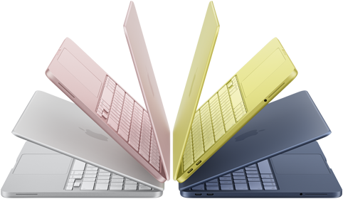 แล็ปท็อป MacBook Neo สีเงิน สีบลัช สีซิตรัส และสีอินดิโกที่เปิดกางอยู่เล็กน้อยและจัดเรียงเป็นทรงโค้ง