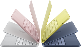 แล็ปท็อป MacBook Neo สีเงิน สีบลัช สีซิตรัส และสีอินดิโกที่เปิดกางอยู่เล็กน้อยและจัดเรียงเป็นทรงโค้ง