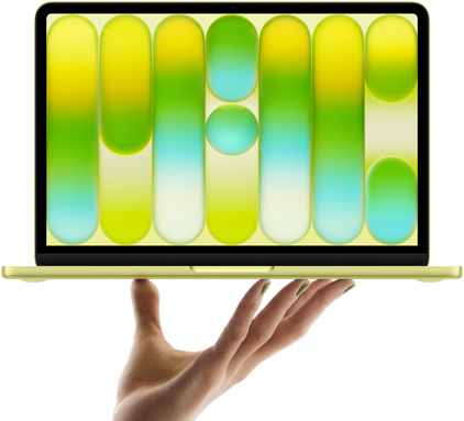 MacBook Neo สีซิตรัส, วางอยู่บนปลายนิ้วของมือที่แบออก, หน้าจอแสดงลวดลายแอ็บสแตรกต์สีสันสวยงาม