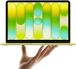 MacBook Neo สีซิตรัส, วางอยู่บนปลายนิ้วของมือที่แบออก, หน้าจอแสดงลวดลายแอ็บสแตรกต์สีสันสวยงาม