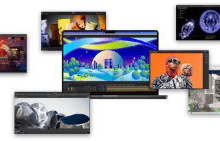 ภาพแสดง MacBook Pro ขณะใช้งานแอปต่างๆ เช่น Adobe After Effects, Keynote, DaVinci Resolve, Autodesk Maya พร้อมตัวเรนเดอร์ Arnold, Adobe Photoshop, Houdini, SketchUp