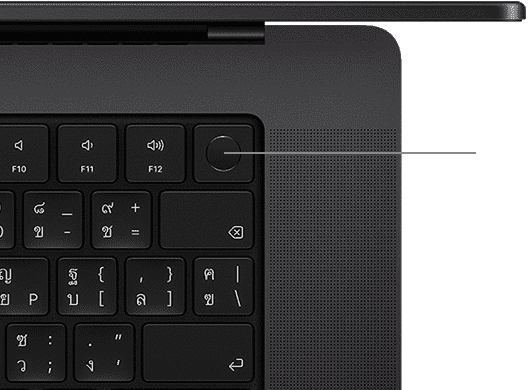 มุมมองด้านบนของคีย์บอร์ดของ MacBook Pro พร้อม Touch ID