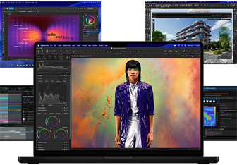 คอนเทนต์หลากหลายสีสันบนหน้าจอจากแอปสำหรับการผลิตงานเพลง การตัดต่อวิดีโอ แอนิเมชั่น 3D และการปรับแต่งภาพถ่ายบน Mac ซึ่งแสดงให้เห็นถึงประสิทธิภาพด้านกราฟิกที่ทรงพลัง