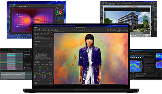 คอนเทนต์หลากหลายสีสันบนหน้าจอจากแอปสำหรับการผลิตงานเพลง การตัดต่อวิดีโอ แอนิเมชั่น 3D และการปรับแต่งภาพถ่ายบน Mac ซึ่งแสดงให้เห็นถึงประสิทธิภาพด้านกราฟิกที่ทรงพลัง