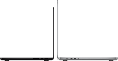 MacBook Pro รุ่น 14 นิ้ว และ 16 นิ้ว หันหลังชนกัน แสดงความแตกต่างของขนาดและเน้นให้เห็นตัวเครื่องที่บาง