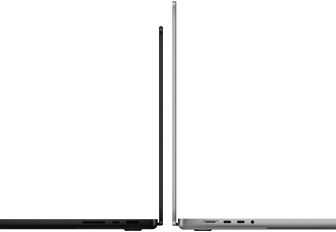 MacBook Pro รุ่น 14 นิ้ว และ 16 นิ้ว หันหลังชนกัน แสดงความแตกต่างของขนาดและเน้นให้เห็นตัวเครื่องที่บาง