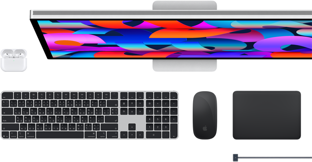 อุปกรณ์เสริมของ Mac ได้แก่ AirPods, Studio Display, Magic Keyboard, Magic Mouse, Magic Trackpad, สายชาร์จ MagSafe สีดำสเปซแบล็ค 