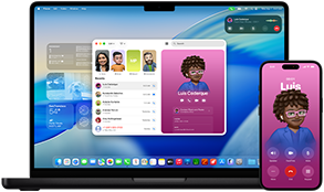 MacBook Pro และ iPhone 16 Plus, แอปโทรศัพท์เปิดอยู่, รายชื่อเดียวกันแสดงอยู่บนทั้ง 2 หน้าจอ