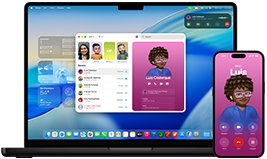 MacBook Pro และ iPhone 16 Plus, แอปโทรศัพท์เปิดอยู่, รายชื่อเดียวกันแสดงอยู่บนทั้ง 2 หน้าจอ