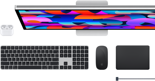 อุปกรณ์เสริมของ Mac ได้แก่ AirPods, Studio Display, Magic Keyboard, Magic Mouse, Magic Trackpad, สายชาร์จ MagSafe สีดำสเปซแบล็ค 