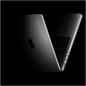 MacBook Pro ที่วางในรูปทรงตัว V ซึ่งอ้างอิงจากชิป M5