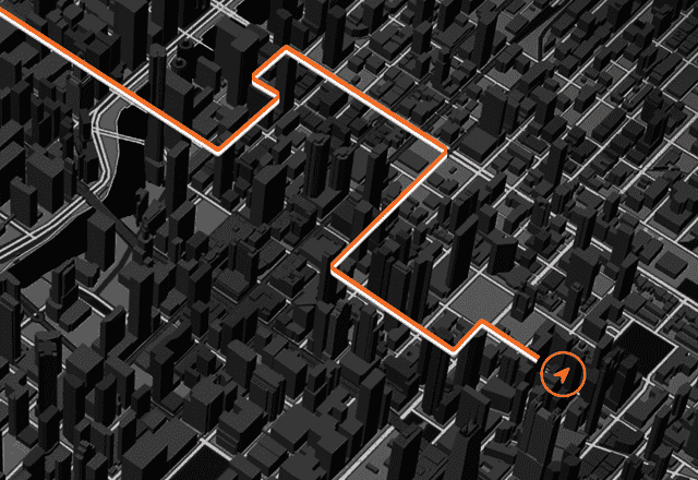 แผนที่แสดงแส้นทางที่ไฮไลท์ไว้ ซึ่งเป็นเส้นทางที่ตัดผ่านเมืองที่มีตึกหนาแน่น เพื่อแสดงให้เห็นถึงความแม่นยำของ GPS
