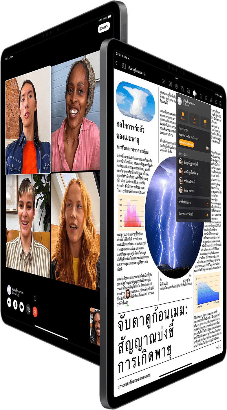FaceTime แบบกลุ่มและการทำงานร่วมกันใน Pages แสดงอยู่บน iPad Pro สองเครื่อง