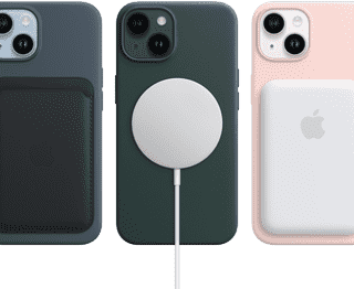 เคส MagSafe สำหรับ iPhone 14 Pro สีส้ม สีน้ำตาลแดงอัมเบอร์ สีเขียวฟอเรสต์ พร้อมอุปกรณ์เสริม MagSafe ต่างๆ ได้แก่ กระเป๋าสตางค์ ที่ชาร์จ และแบตเตอรี่แพ็ค